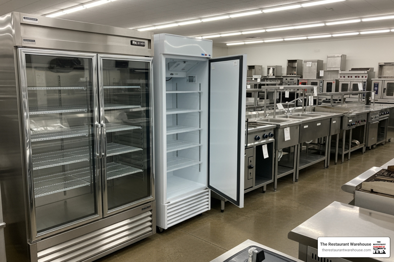 A showroom floor featuring various used restaurant appliances like coolers and prep stations, with "Washington's Best Deals" signage visible. - Used restaurant equipment Washington