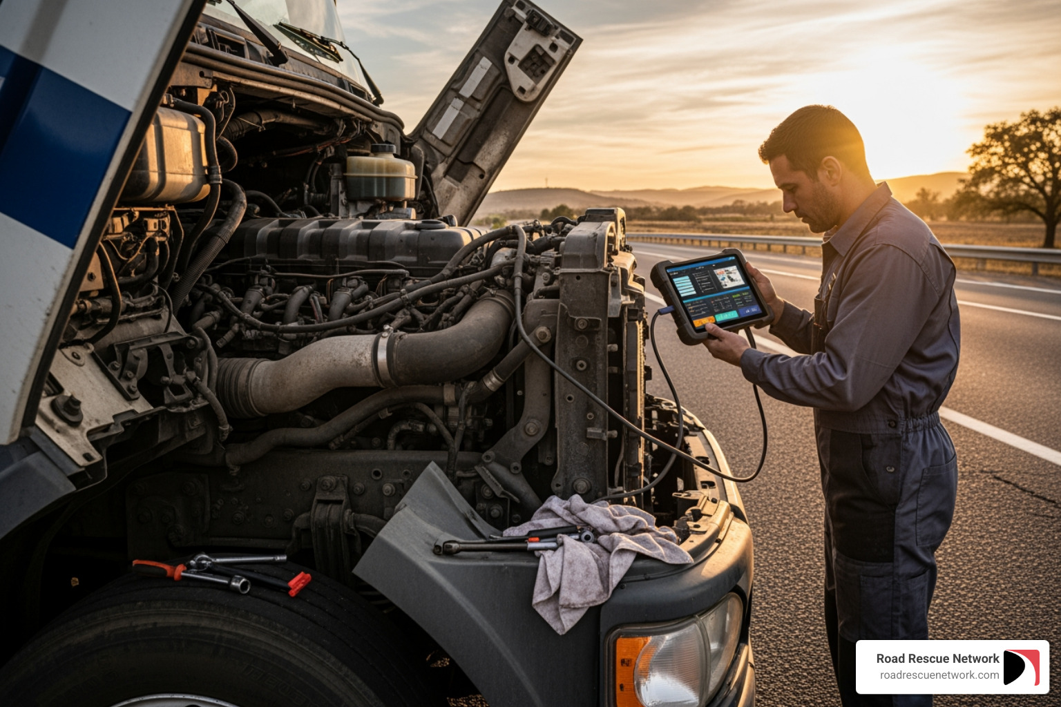 Mechanic using diagnostic tool on truck engine - 24 7 mobile truck repair