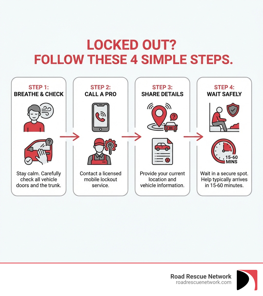 infographic showing 4 steps when locked out: 1. Stay calm and check all doors 2. Call a licensed mobile lockout service 3. Provide your location and vehicle details 4. Wait safely while help arrives in 15-60 minutes - Mobile lockout service infographic 