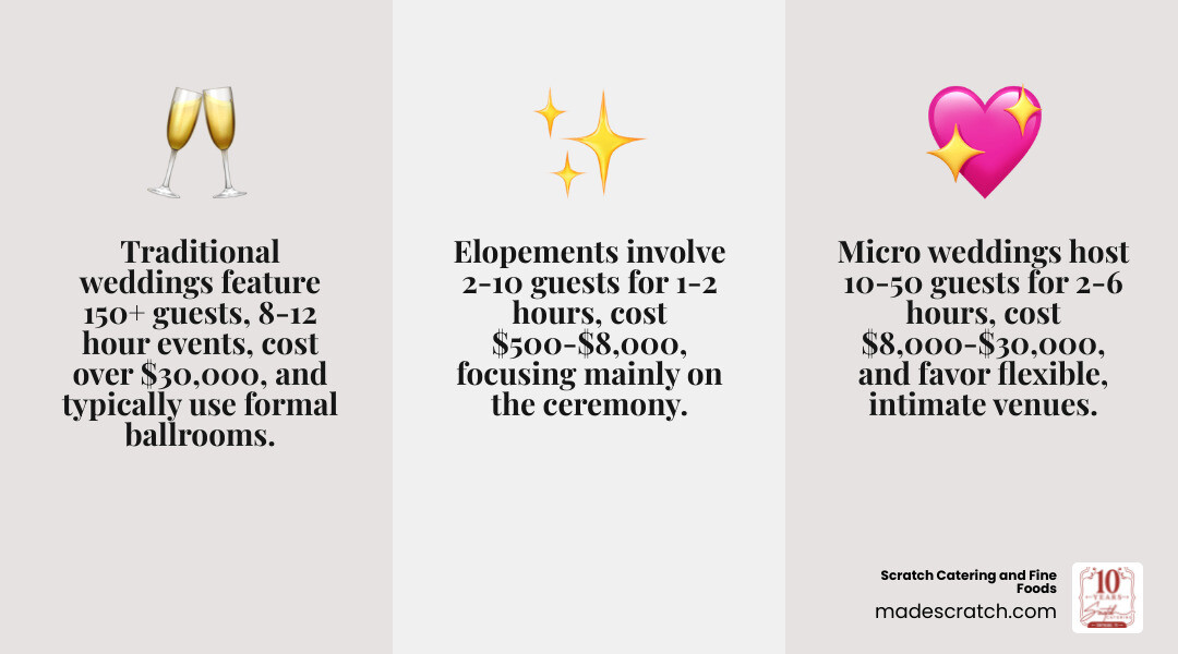Infographic comparing traditional weddings (150+ guests, 8-12 hour events, average $30,000+ cost, formal ballrooms), micro weddings (10-50 guests, 2-6 hour events, $8,000-$30,000 cost, flexible intimate venues), and elopements (2-10 guests, 1-2 hour ceremonies, $500-$8,000 cost, ceremony-only focus with optional meal afterward) - Dallas micro wedding infographic 3_facts_emoji_grey