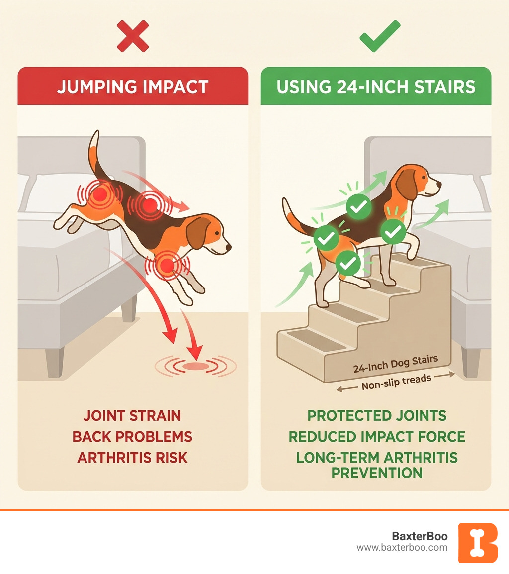 infographic showing a dog jumping from furniture with red warning indicators on joints (hips, knees, back) versus a dog using stairs with green checkmarks indicating protected joints, reduced impact force, and long-term arthritis prevention - 24 inch dog stairs infographic infographic showing a dog jumping from furniture with red warning indicators on joints (hips, knees, back) versus a dog using stairs with green checkmarks indicating protected joints, reduced impact force, and long-term arthritis prevention - 24 inch dog stairs infographic
