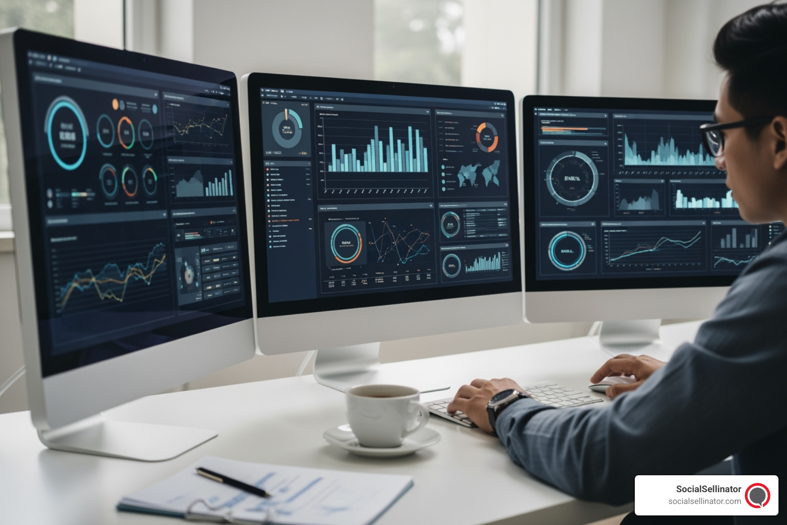 A person is sitting at a desk, looking at multiple computer screens displaying various charts, graphs, and data visualizations. The person appears focused, analyzing the information, with a cup of coffee nearby. The overall aesthetic is professional and analytical, suggesting data-driven decision-making. - search engine marketing company houston