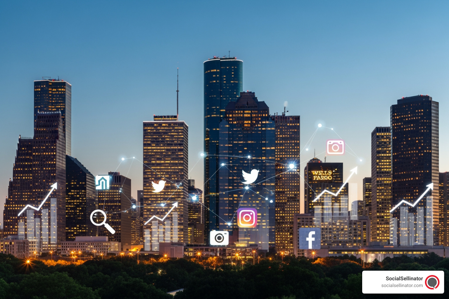 Houston skyline with digital marketing icons overlaid, symbolizing growth and connectivity. - search engine marketing company houston