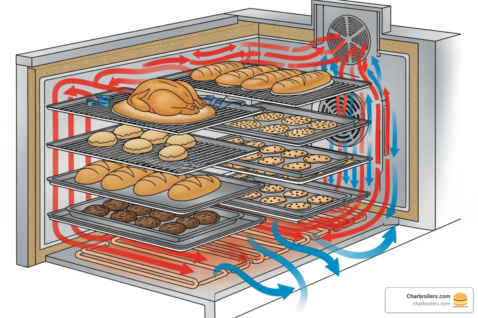 diagram showing hot air circulating around food inside an oven - commercial convection microwave oven
