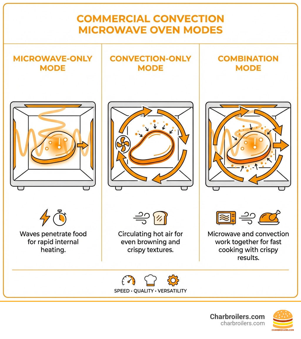 Infographic showing three cooking modes of a commercial convection microwave oven: microwave-only mode with waves penetrating food for rapid internal heating, convection-only mode with circulating hot air arrows for even browning, and combination mode showing both technologies working together for fast cooking with crispy results - commercial convection microwave oven infographic 