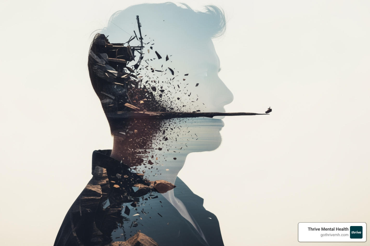 person with double exposure effect showing silhouette with chaotic scene inside, representing dissociation - what are the 17 symptoms of complex ptsd