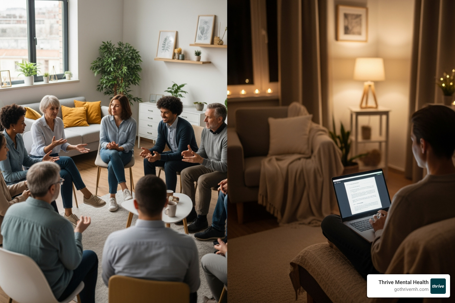 Split screen—one person in a daytime group session, another in a virtual evening session for flexible outpatient mental health in St. Petersburg - flexible outpatient mental health programs st. petersburg fl