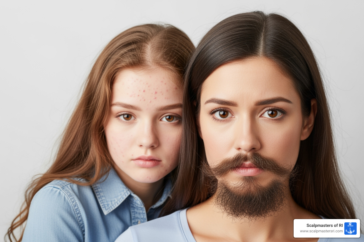 Image showing common symptoms of high DHT in women, including thinning hair, acne, and excessive facial hair - dht in women Image showing common symptoms of high DHT in women, including thinning hair, acne, and excessive facial hair - dht in women