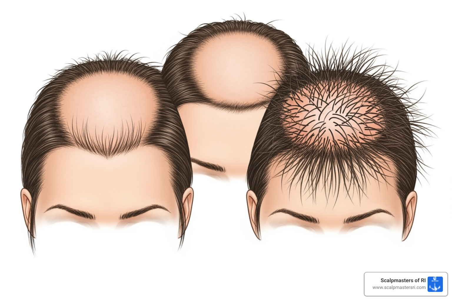 Image illustrating the Ludwig scale of female pattern hair loss, showing different stages of thinning on the top of the scalp - dht in women Image illustrating the Ludwig scale of female pattern hair loss, showing different stages of thinning on the top of the scalp - dht in women