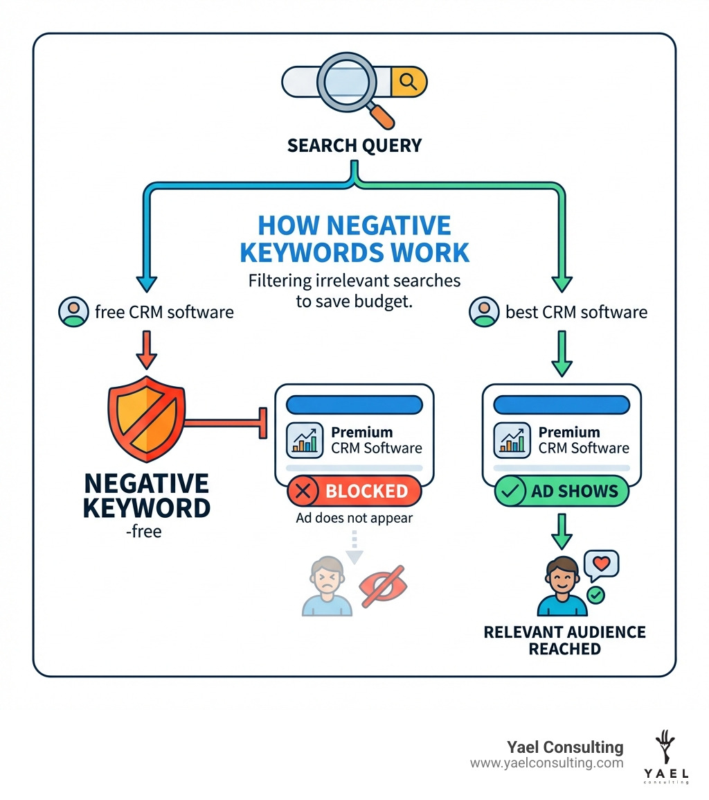 Infographic showing how negative keywords work: A search query "free CRM software" is blocked by the negative keyword "-free" so an ad for "Premium CRM Software" does not appear, while a search for "best CRM software" without the negative keyword trigger allows the ad to show - example of negative keywords infographic Infographic showing how negative keywords work: A search query "free CRM software" is blocked by the negative keyword "-free" so an ad for "Premium CRM Software" does not appear, while a search for "best CRM software" without the negative keyword trigger allows the ad to show - example of negative keywords infographic