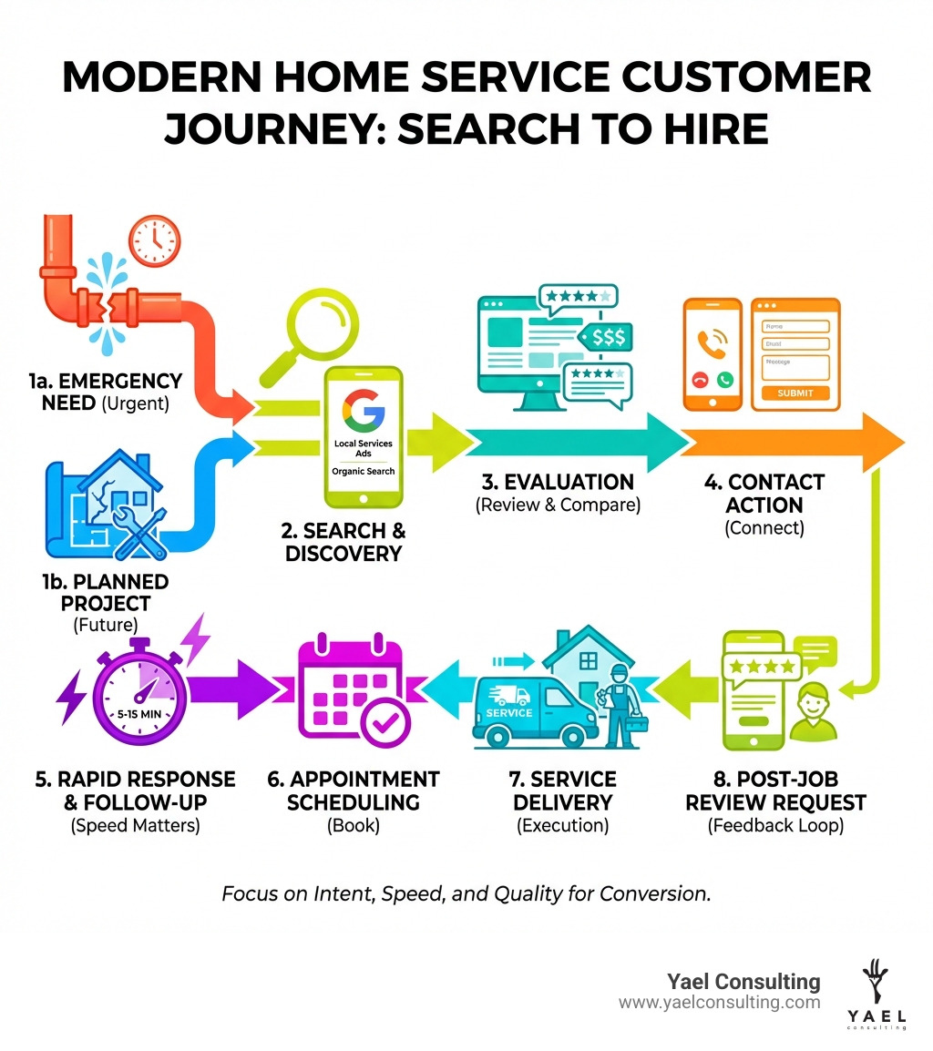 Infographic showing the modern home service customer journey from search to hire, including key stages: emergency need or planned project, Google search or local services ad click, website or profile review including reviews and pricing, phone call or form submission, response time and follow-up speed, appointment scheduling, service delivery, and post-job review request - lead generation for home services infographic Infographic showing the modern home service customer journey from search to hire, including key stages: emergency need or planned project, Google search or local services ad click, website or profile review including reviews and pricing, phone call or form submission, response time and follow-up speed, appointment scheduling, service delivery, and post-job review request - lead generation for home services infographic