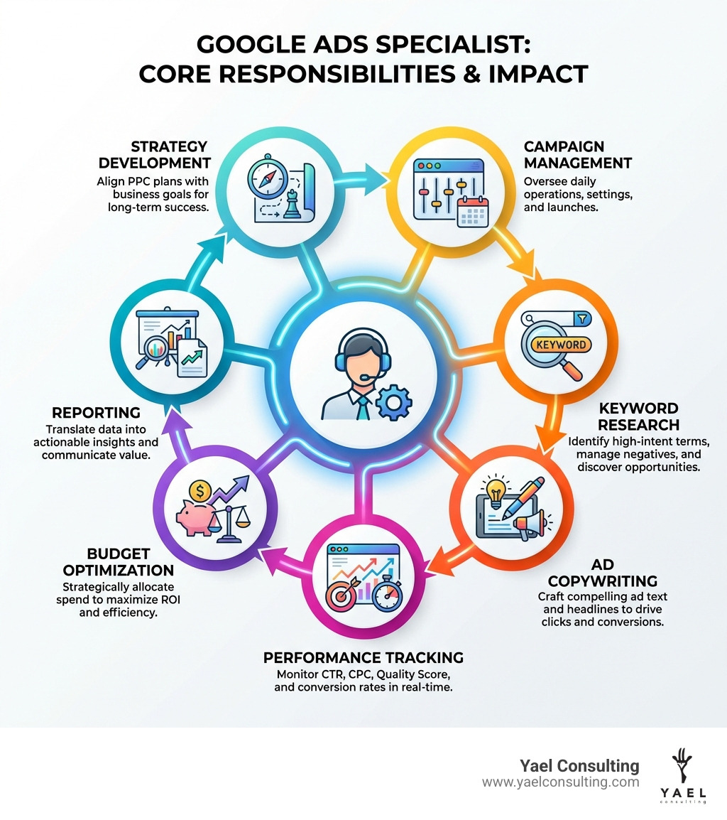 infographic showing google ads specialist core responsibilities including strategy development, campaign management, keyword research, ad copywriting, performance tracking, budget optimization, and reporting - specialist google ads infographic infographic showing google ads specialist core responsibilities including strategy development, campaign management, keyword research, ad copywriting, performance tracking, budget optimization, and reporting - specialist google ads infographic