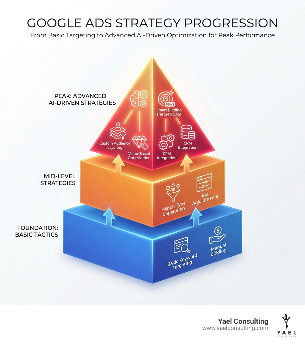 Infographic showing the progression from basic keyword targeting and manual bidding at the foundation, through mid-level tactics like match type separation and bid adjustments, to advanced AI-driven strategies including Smart Bidding with Target ROAS, custom audience layering, value-based optimization, and CRM integration at the peak - Advanced Google Ads strategies infographic Infographic showing the progression from basic keyword targeting and manual bidding at the foundation, through mid-level tactics like match type separation and bid adjustments, to advanced AI-driven strategies including Smart Bidding with Target ROAS, custom audience layering, value-based optimization, and CRM integration at the peak - Advanced Google Ads strategies infographic