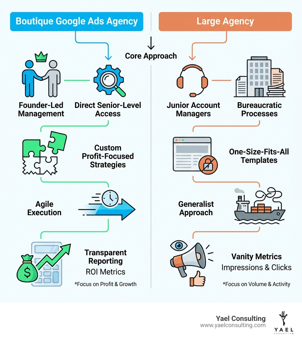 Infographic comparing boutique Google Ads agency approach versus large agency: showing boutique agencies offer founder-led management, custom profit-focused strategies, senior-level direct access, specialized expertise, transparent reporting on ROI metrics, and agile execution; while large agencies often provide junior account managers, one-size-fits-all templates, bureaucratic processes, generalist approach, and focus on vanity metrics like impressions and clicks - Boutique Google Ads agency infographic Infographic comparing boutique Google Ads agency approach versus large agency: showing boutique agencies offer founder-led management, custom profit-focused strategies, senior-level direct access, specialized expertise, transparent reporting on ROI metrics, and agile execution; while large agencies often provide junior account managers, one-size-fits-all templates, bureaucratic processes, generalist approach, and focus on vanity metrics like impressions and clicks - Boutique Google Ads agency infographic