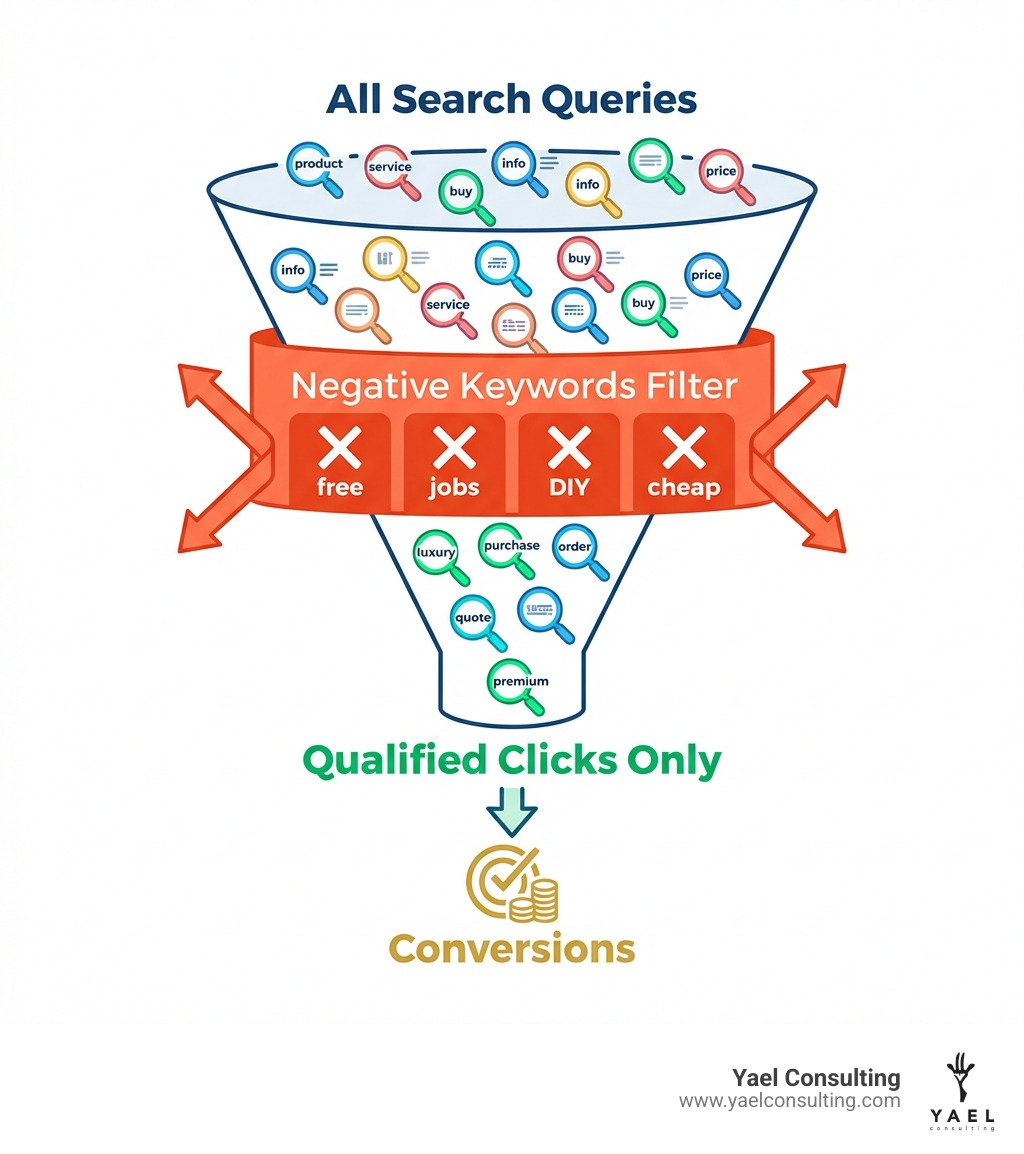 Infographic showing how negative keywords filter search traffic: A funnel diagram with "All Search Queries" at the top, "Negative Keywords Filter" in the middle blocking irrelevant terms like "free," "jobs," "DIY," and "cheap," and "Qualified Clicks Only" at the bottom leading to conversions - negative keywords infographic Infographic showing how negative keywords filter search traffic: A funnel diagram with "All Search Queries" at the top, "Negative Keywords Filter" in the middle blocking irrelevant terms like "free," "jobs," "DIY," and "cheap," and "Qualified Clicks Only" at the bottom leading to conversions - negative keywords infographic