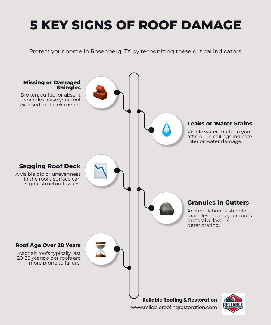 Infographic showing 5 key signs of roof damage: 1) Missing or damaged shingles, 2) Leaks or water stains inside the home, 3) Sagging roof deck or visible dips, 4) Granules collecting in gutters, 5) Roof age over 20 years or past warranty period - roofing contractor rosenberg tx infographic infographic-line-5-steps-elegant_beige