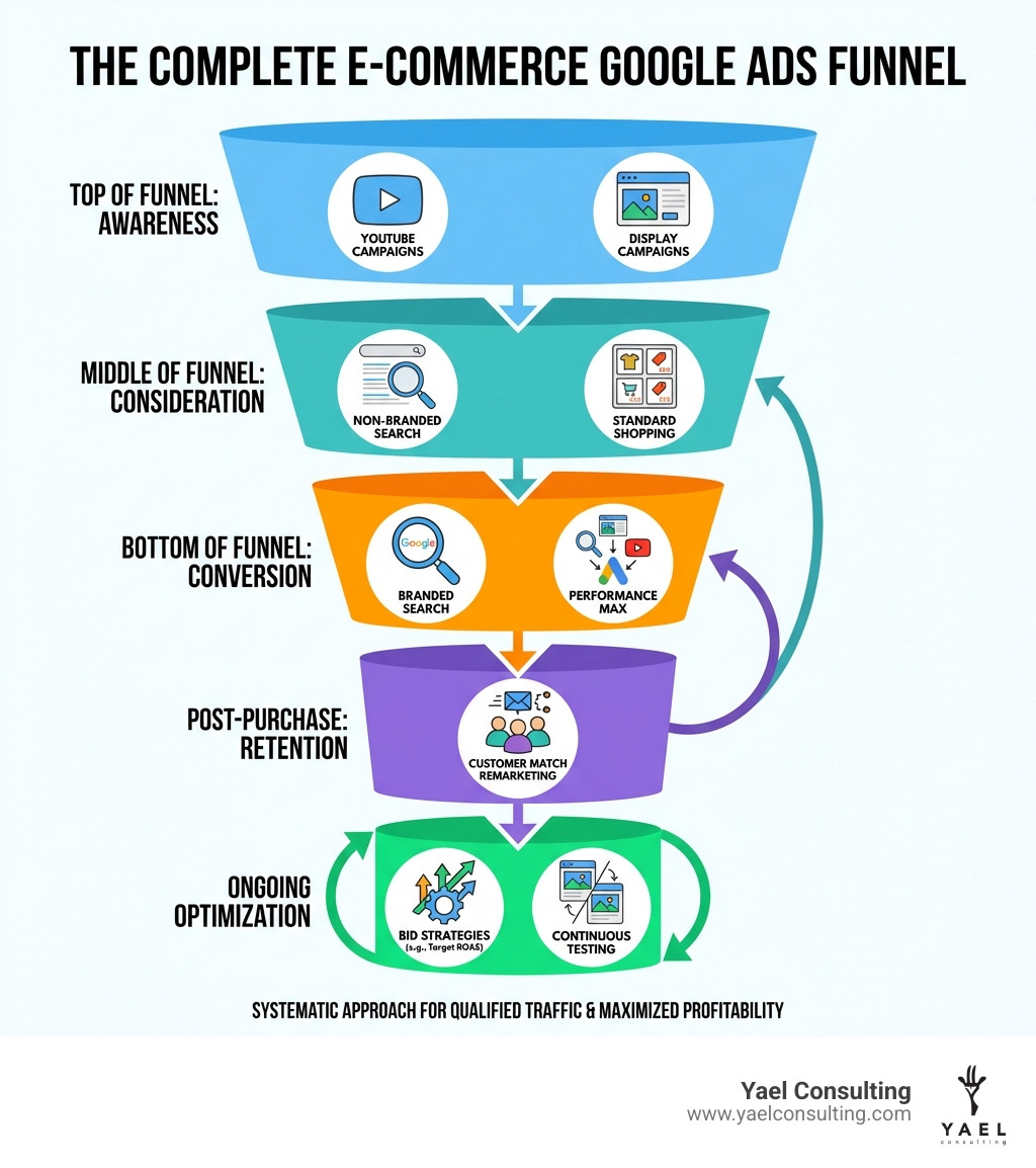 Infographic showing the complete e-commerce Google Ads funnel with five stages: Top of Funnel Awareness using YouTube and Display campaigns, Middle of Funnel Consideration with Non-branded Search and Standard Shopping, Bottom of Funnel Conversion via Branded Search and Performance Max, Post-Purchase Retention through Customer Match remarketing, and Ongoing Optimization including bid strategies and continuous testing - E-commerce Google Ads strategy infographic Infographic showing the complete e-commerce Google Ads funnel with five stages: Top of Funnel Awareness using YouTube and Display campaigns, Middle of Funnel Consideration with Non-branded Search and Standard Shopping, Bottom of Funnel Conversion via Branded Search and Performance Max, Post-Purchase Retention through Customer Match remarketing, and Ongoing Optimization including bid strategies and continuous testing - E-commerce Google Ads strategy infographic