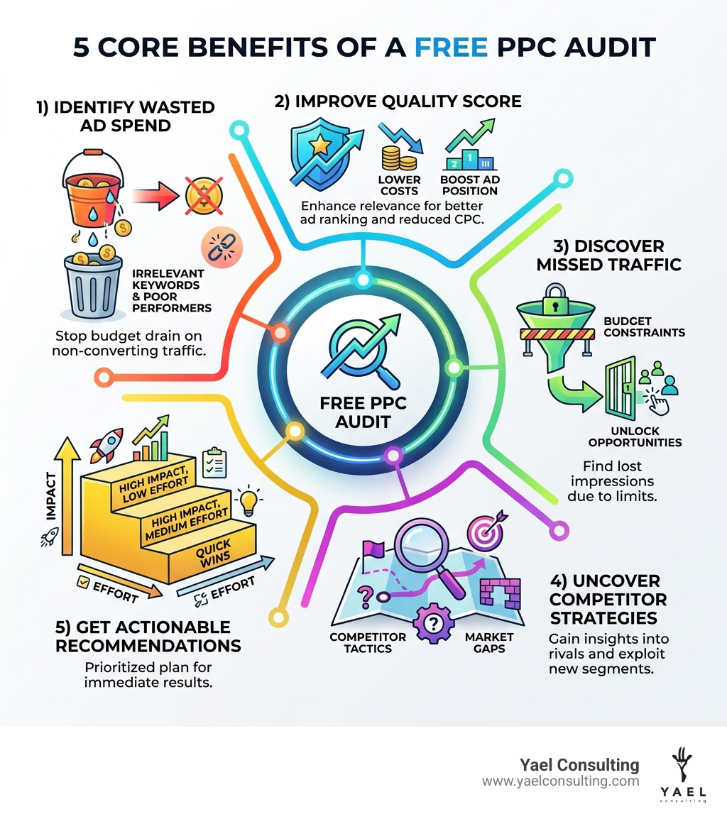Infographic showing the 5 core benefits of a free PPC audit: 1) Identify wasted ad spend on irrelevant keywords and poor performers, 2) Improve Quality Score to lower costs and boost ad position, 3) Discover missed traffic opportunities from budget constraints, 4) Uncover competitor strategies and market gaps, 5) Get actionable recommendations ranked by impact and effort - Free PPC analysis infographic Infographic showing the 5 core benefits of a free PPC audit: 1) Identify wasted ad spend on irrelevant keywords and poor performers, 2) Improve Quality Score to lower costs and boost ad position, 3) Discover missed traffic opportunities from budget constraints, 4) Uncover competitor strategies and market gaps, 5) Get actionable recommendations ranked by impact and effort - Free PPC analysis infographic