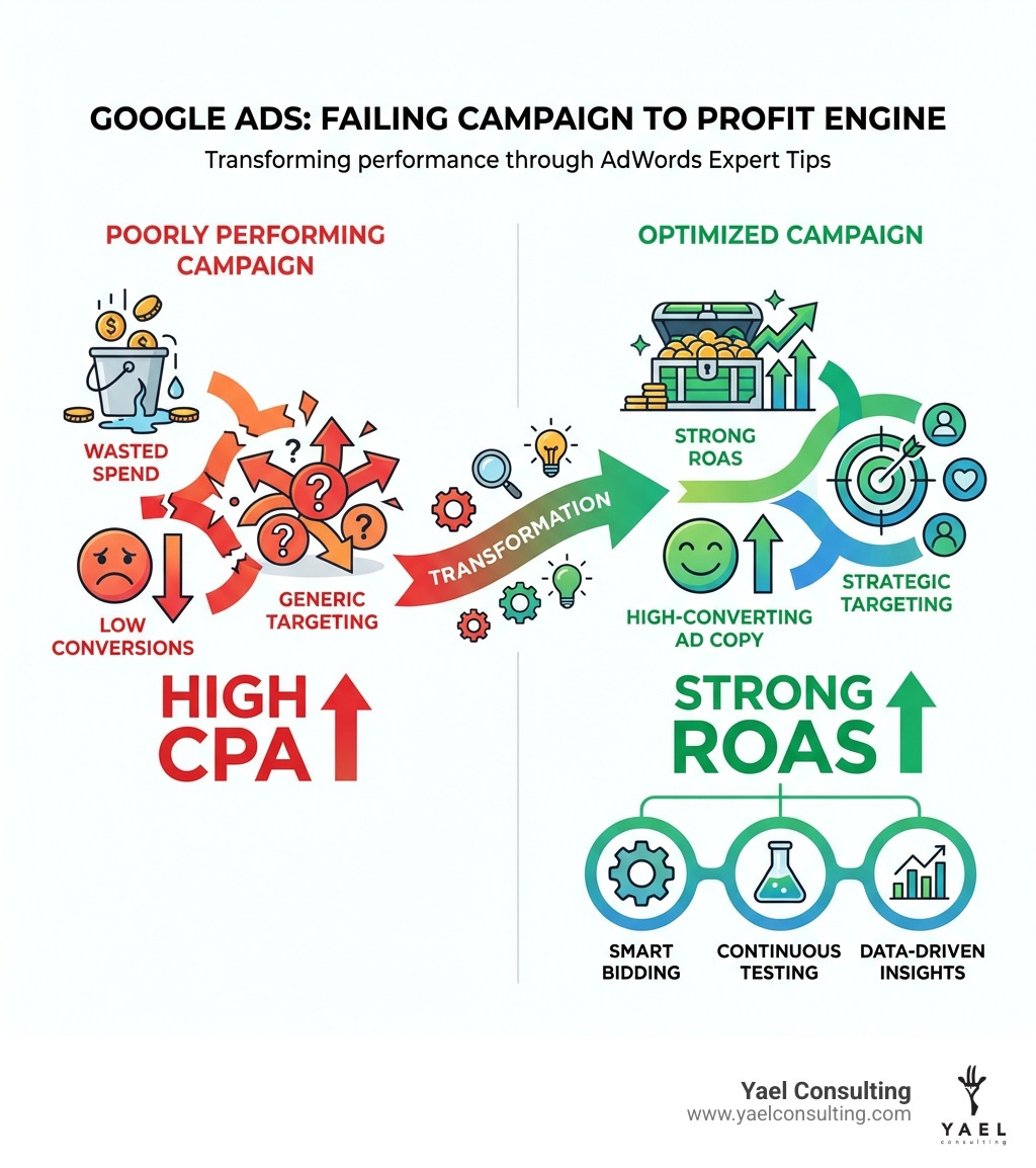 Infographic showing the transformation from a poorly performing Google Ads campaign with wasted spend, low conversions, and high CPA to an optimized campaign with strategic targeting, high-converting ad copy, smart bidding, continuous testing, and strong ROAS - adwords expert tips infographic Infographic showing the transformation from a poorly performing Google Ads campaign with wasted spend, low conversions, and high CPA to an optimized campaign with strategic targeting, high-converting ad copy, smart bidding, continuous testing, and strong ROAS - adwords expert tips infographic