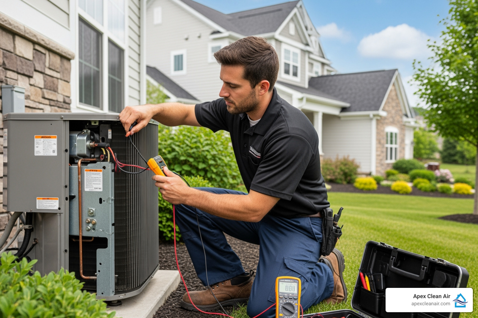 Hvac Technician Inspecting An Outdoor Ac Unit - Ac Maintenance Denver Co HVAC technician inspecting an outdoor AC unit - AC maintenance Denver CO