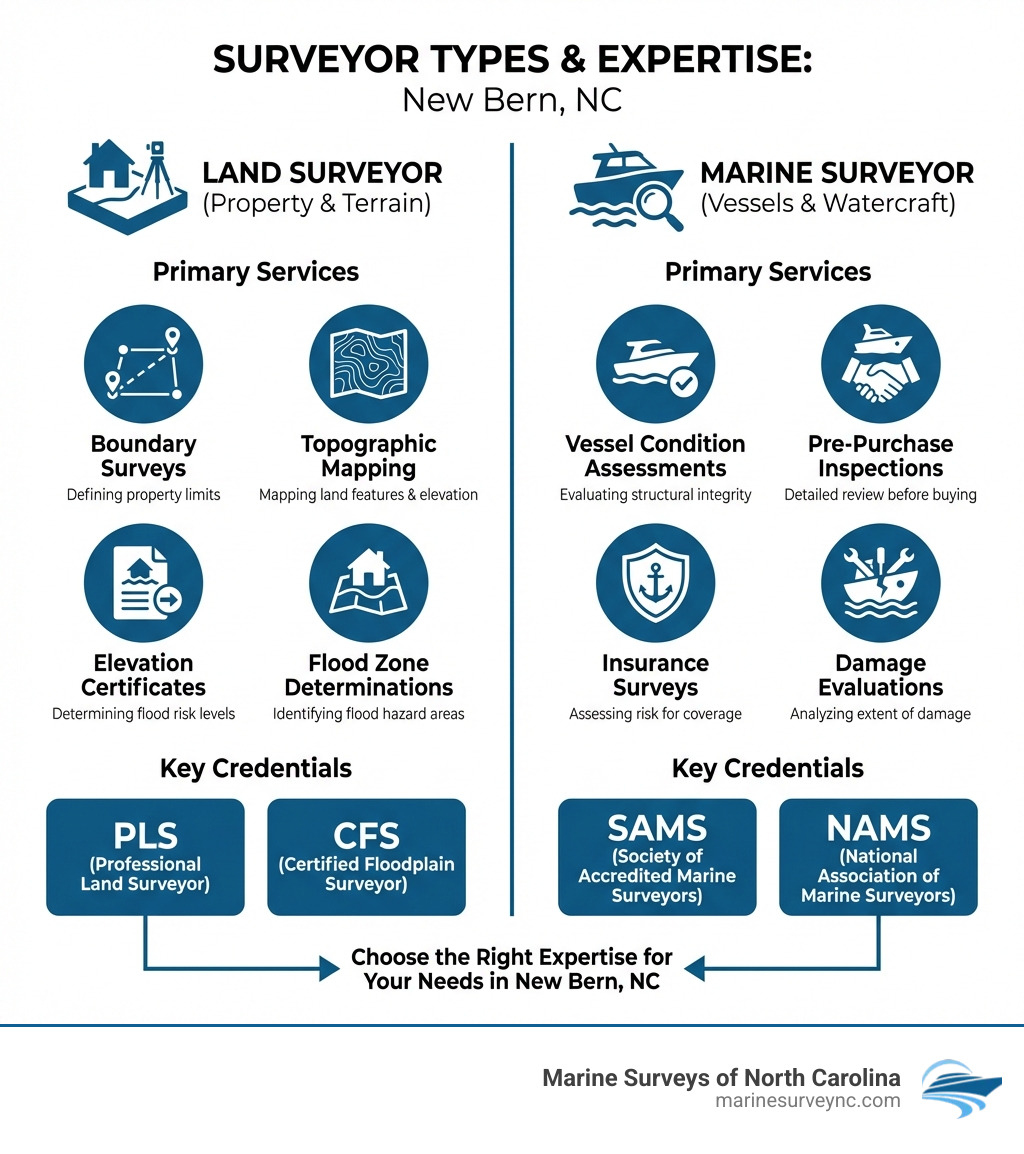 Infographic comparing land surveyor services including boundary surveys topographic mapping elevation certificates and flood zone determinations versus marine surveyor services including vessel condition assessments pre-purchase inspections insurance surveys and damage evaluations with key credential requirements PLS and CFS for land surveyors SAMS and NAMS for marine surveyors - surveyor new bern nc infographic Infographic comparing land surveyor services including boundary surveys topographic mapping elevation certificates and flood zone determinations versus marine surveyor services including vessel condition assessments pre-purchase inspections insurance surveys and damage evaluations with key credential requirements PLS and CFS for land surveyors SAMS and NAMS for marine surveyors - surveyor new bern nc infographic