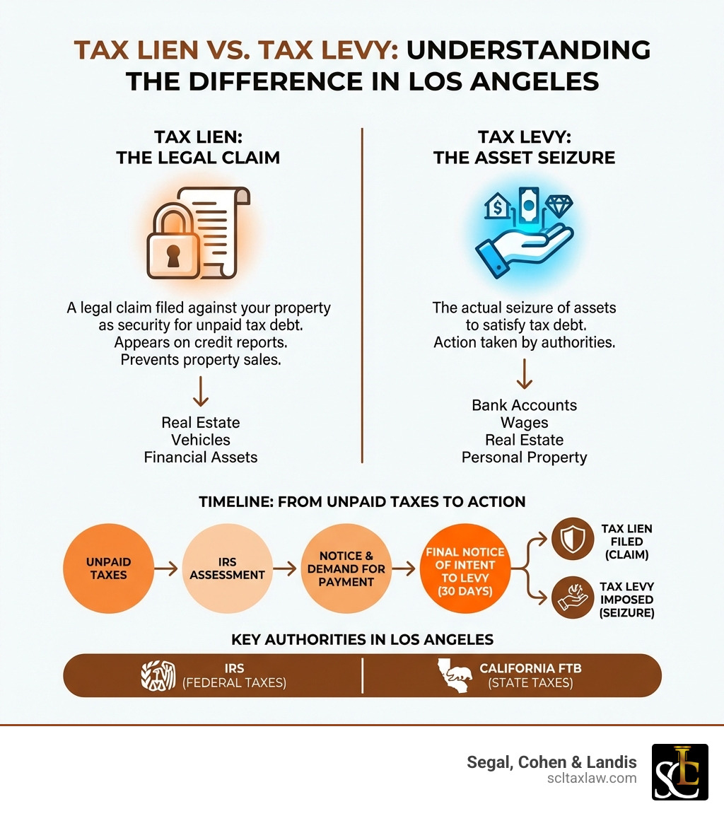 Infographic showing the difference between tax liens and tax levies: A tax lien is a legal claim filed against your property that serves as security for unpaid tax debt, appearing on credit reports and preventing property sales. A tax levy is the actual seizure of assets including bank accounts, wages, real estate, and personal property to satisfy tax debt. The timeline shows: Unpaid Taxes → IRS Assessment → Notice and Demand for Payment → Final Notice of Intent to Levy (30 days) → Tax Lien Filed (claim) OR Tax Levy Imposed (seizure). Key authorities in Los Angeles include IRS for federal taxes and California FTB for state taxes. - Tax levy Los Angeles infographic 