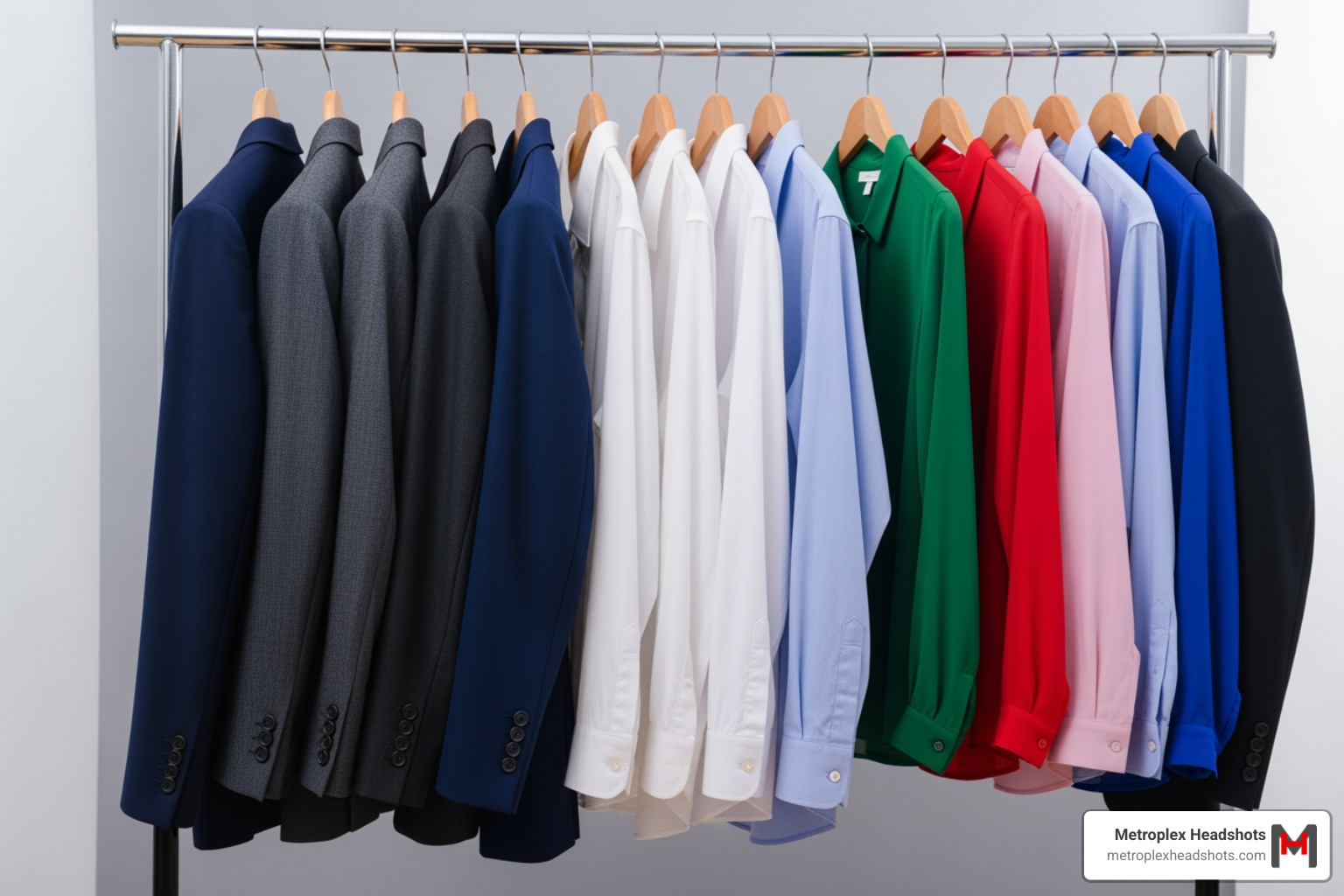 A wardrobe rack displaying various professional clothing options for a headshot session - business headshots photography