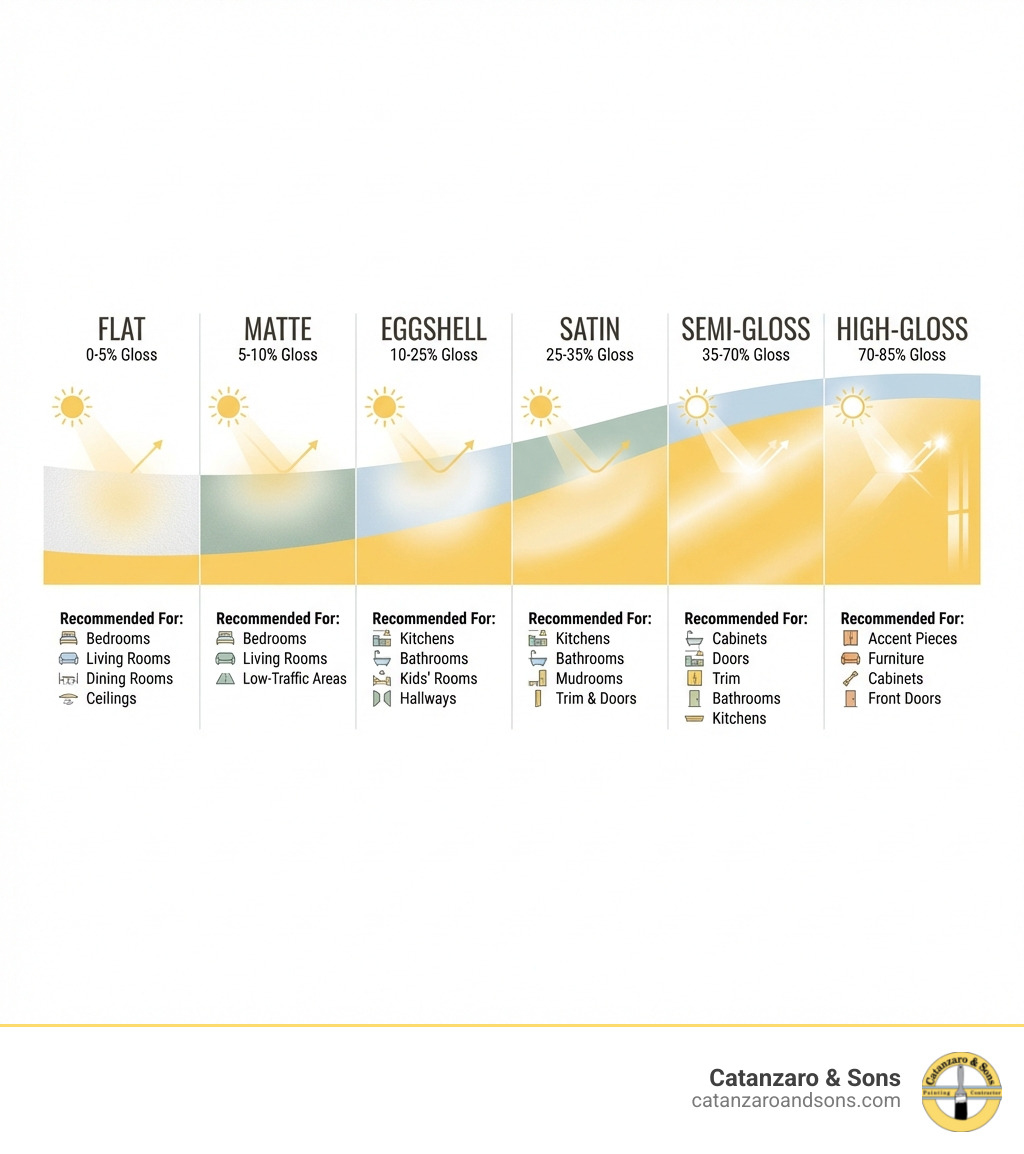 Infographic showing the paint sheen spectrum from flat (0-5% gloss) to matte (5-10% gloss) to eggshell (10-25% gloss) to satin (25-35% gloss) to semi-gloss (35-70% gloss) to high-gloss (70-85% gloss), with visual representation of light reflection percentages and recommended room applications for each sheen level - Matte finish interior paint infographic 
