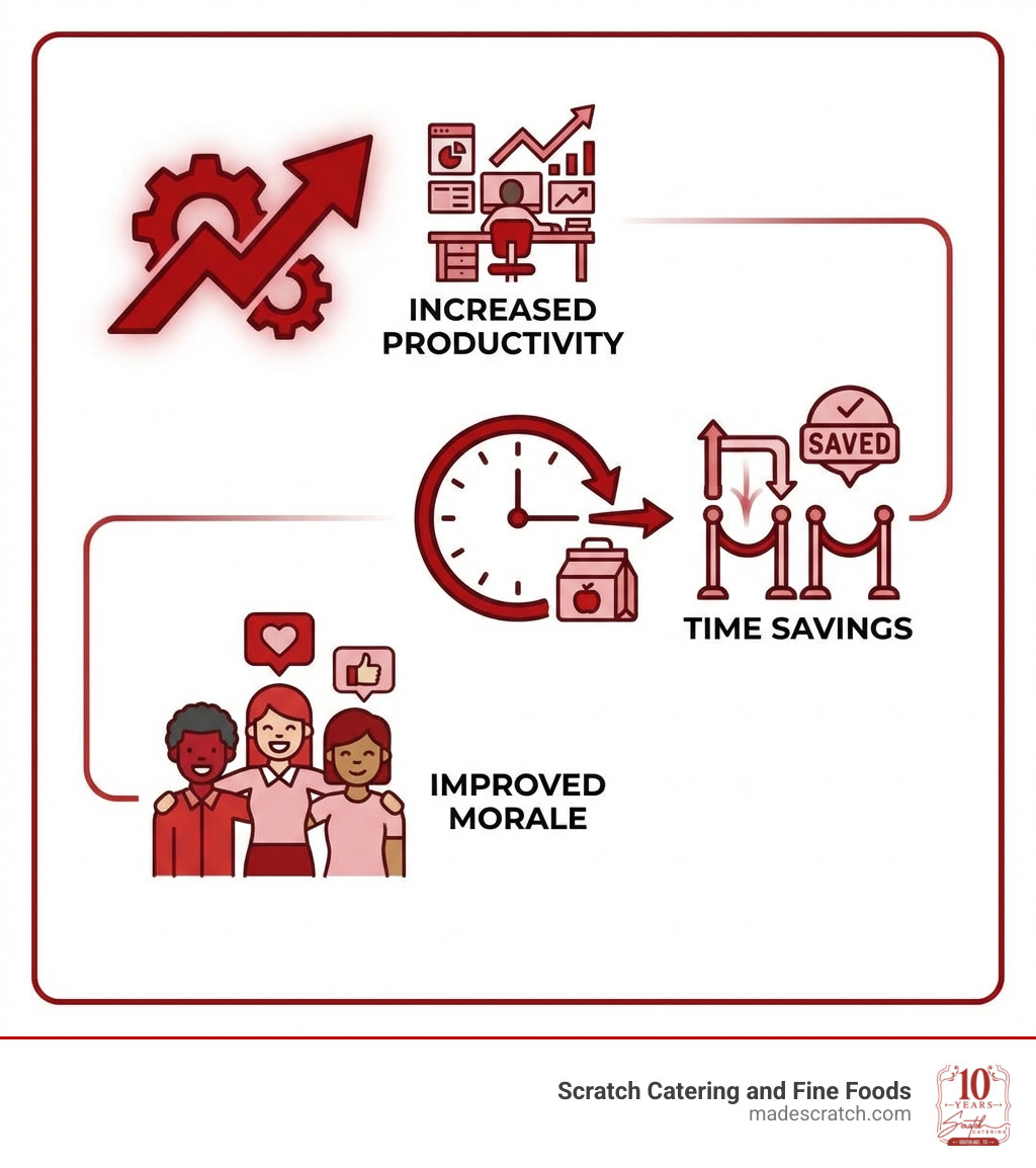 Infographic explaining the core benefits of daily office catering: Increased Productivity, Improved Morale, and Time Savings - daily office catering infographic 