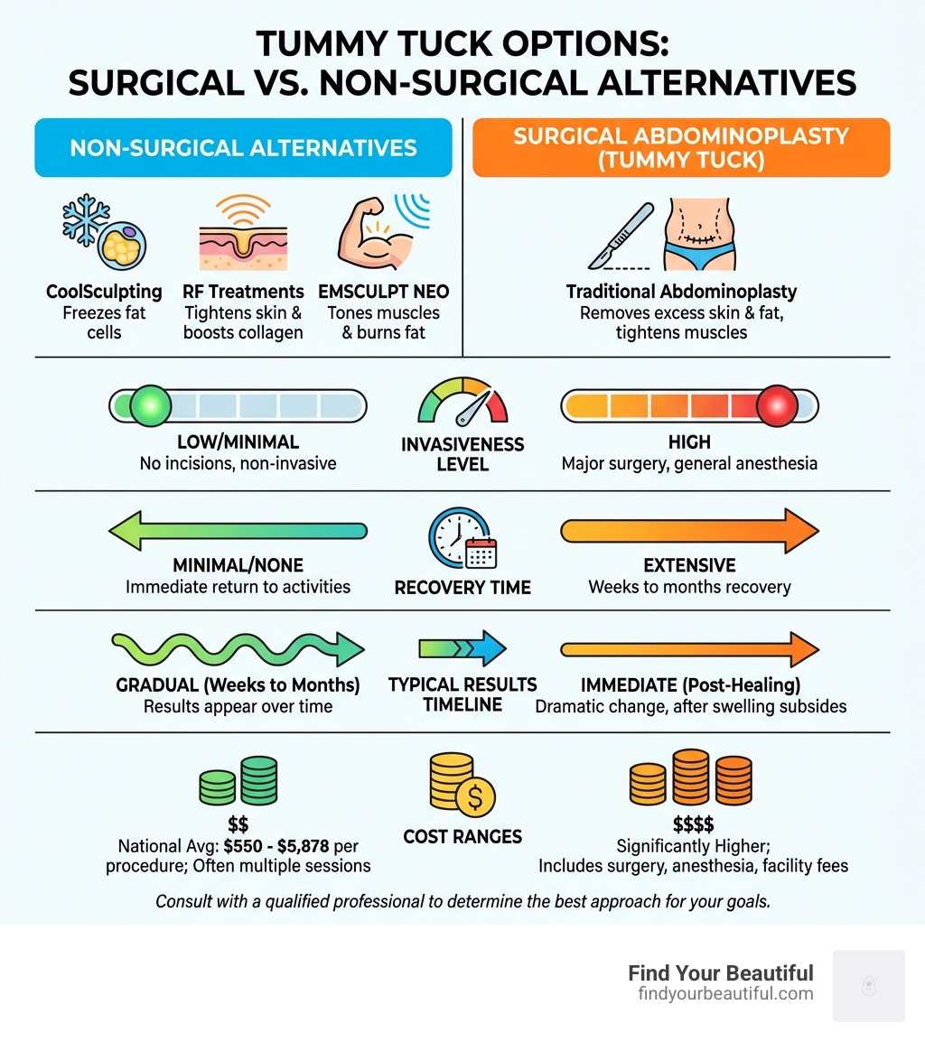 Infographic showing the differences between surgical tummy tuck and non-surgical alternatives, including comparison of invasiveness levels, recovery time, typical results timeline, and cost ranges for procedures like CoolSculpting, RF treatments, EMSCULPT NEO, and traditional abdominoplasty - non-surgical tummy tuck alternatives infographic 