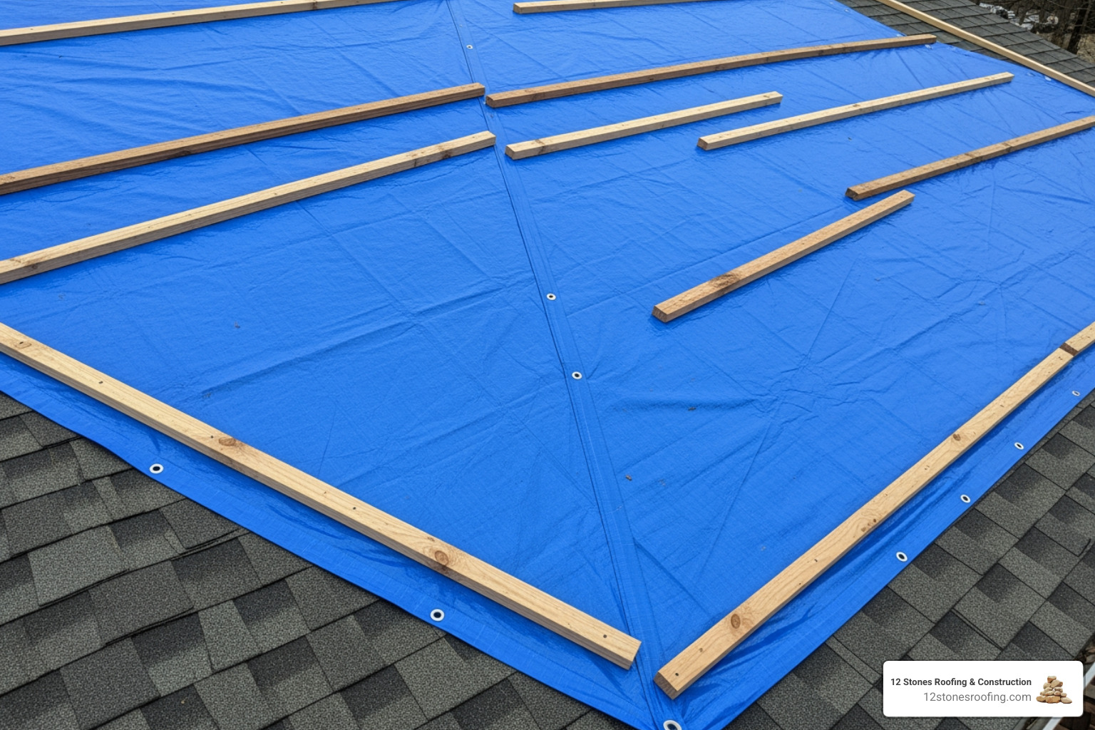 blue tarp correctly secured over a roof section with 2x4 anchor boards - fix a leaking roof temporarily