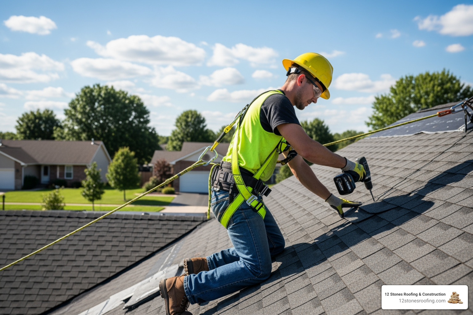 person on a roof wearing safety harness - fix a leaking roof temporarily