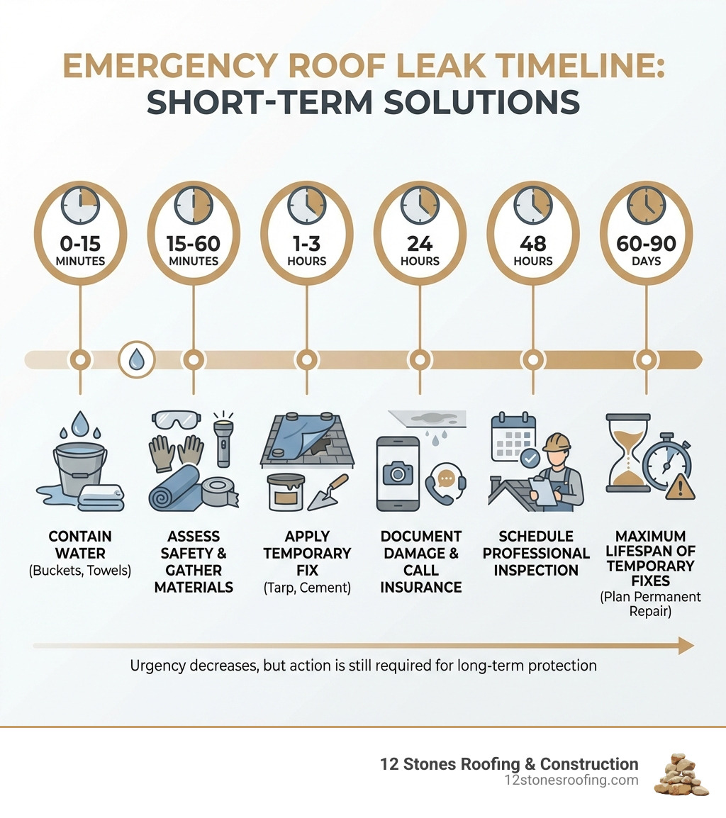 Infographic showing emergency roof leak timeline: 0-15 minutes contain interior water with buckets and towels; 15-60 minutes assess safety and gather materials; 1-3 hours apply temporary fix like tarp or roofing cement; 24 hours document damage and call insurance; 48 hours schedule professional inspection; 60-90 days maximum lifespan of temporary fixes before permanent repair needed - fix a leaking roof temporarily infographic 