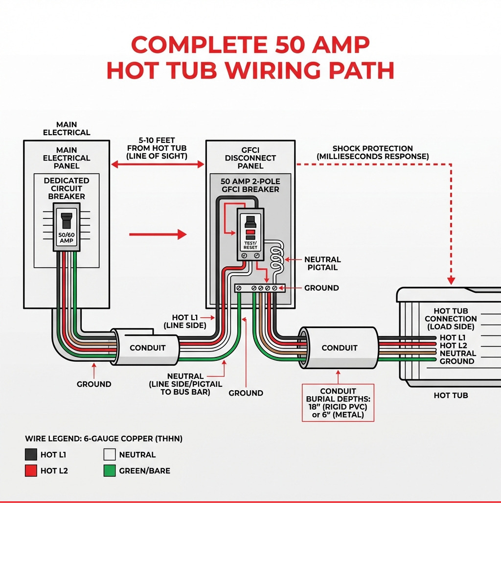 infographic showing the complete wiring path for a 50 amp hot tub installation from the main electrical panel through a GFCI disconnect panel to the hot tub, including wire colors, component labels, proper distances, and burial depths for conduit - 50 amp gfci breaker for hot tub wiring diagram infographic infographic showing the complete wiring path for a 50 amp hot tub installation from the main electrical panel through a GFCI disconnect panel to the hot tub, including wire colors, component labels, proper distances, and burial depths for conduit - 50 amp gfci breaker for hot tub wiring diagram infographic