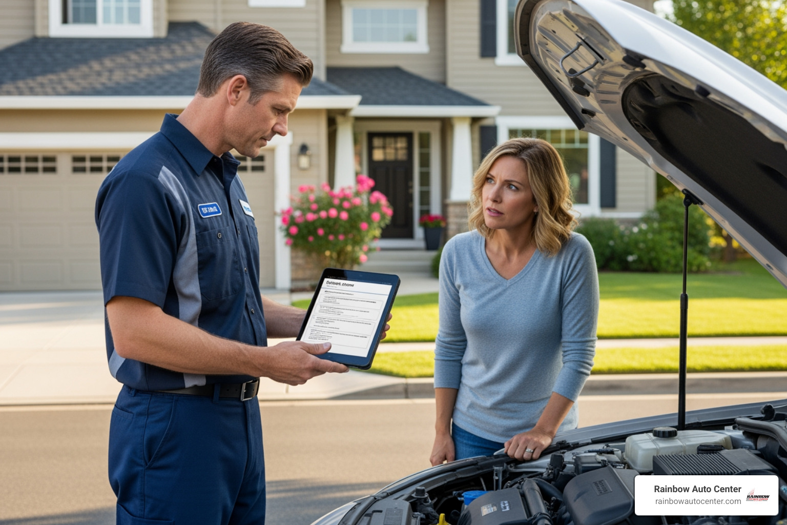 technician providing a quote on a tablet to a customer - car dent repair home service