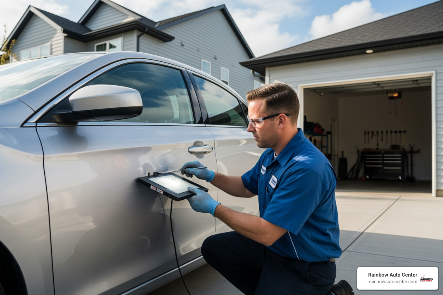 technician working on a car in a residential driveway - car dent repair home service