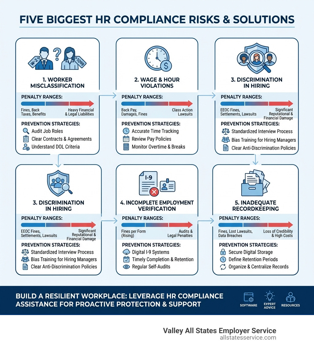 Infographic showing the five biggest HR compliance risks: worker misclassification, wage and hour violations, discrimination in hiring, incomplete employment verification, and inadequate recordkeeping, with associated penalty ranges and prevention strategies - hr compliance assistance infographic 