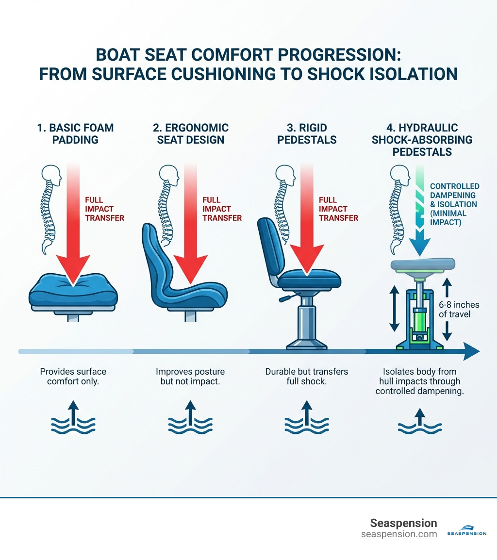 Infographic showing the progression from basic cushioning to full suspension systems: starting with foam padding (provides surface comfort only), moving to ergonomic seat design (improves posture but not impact), then to rigid pedestals with premium materials (durable but transfers full shock), and finally to hydraulic shock-absorbing pedestals (isolates body from hull impacts through controlled dampening and 6-8 inches of travel). Each stage shows force arrows indicating how much impact reaches the occupant's spine. - boat seat comfort infographic Infographic showing the progression from basic cushioning to full suspension systems: starting with foam padding (provides surface comfort only), moving to ergonomic seat design (improves posture but not impact), then to rigid pedestals with premium materials (durable but transfers full shock), and finally to hydraulic shock-absorbing pedestals (isolates body from hull impacts through controlled dampening and 6-8 inches of travel). Each stage shows force arrows indicating how much impact reaches the occupant's spine. - boat seat comfort infographic