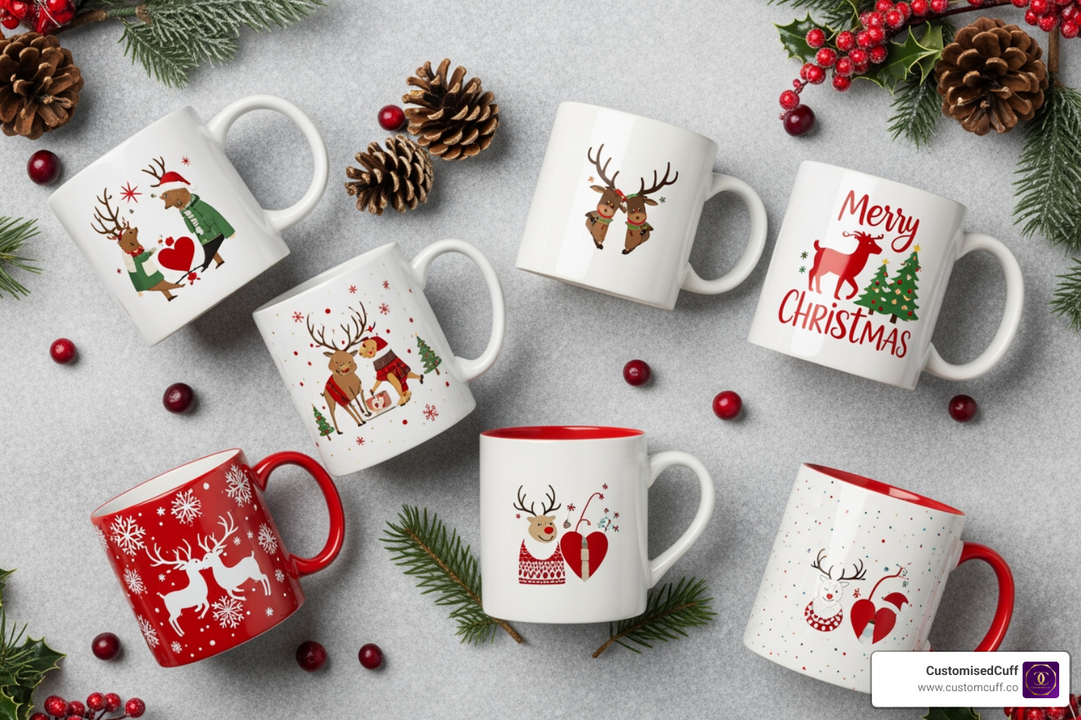 flat lay featuring several different styles of couples Christmas mugs - couples christmas mugs
