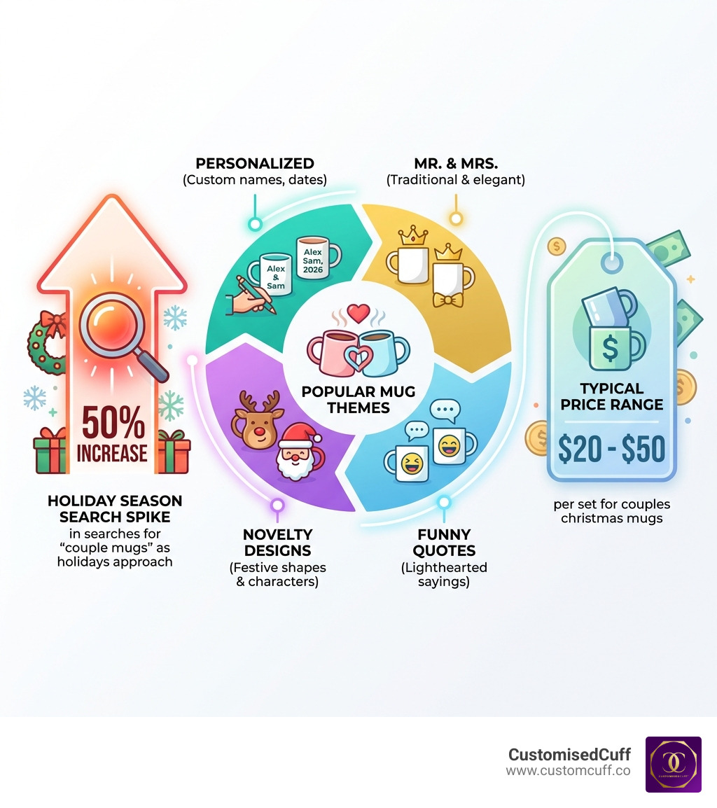 Infographic showing the 50% increase in searches for couple mugs during holiday season, breakdown of popular mug themes (personalized, Mr. and Mrs., funny quotes, novelty designs), and the $20-$50 typical price range for couples christmas mugs - couples christmas mugs infographic 