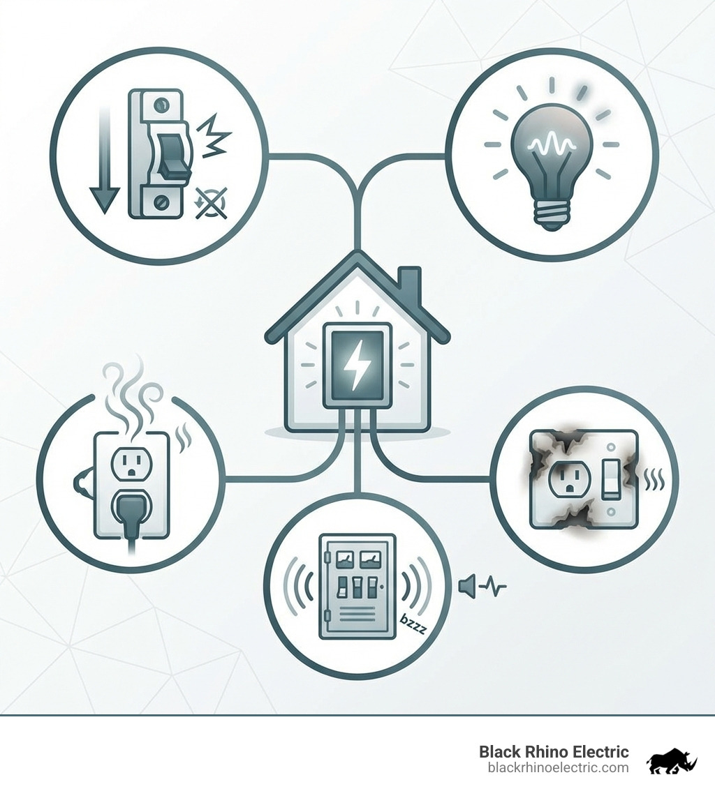 infographic explaining the top 5 warning signs your Layton home needs an electrician: frequent breaker trips, flickering or dimming lights, burning or fishy smells, scorch marks near outlets, and buzzing sounds from electrical panel - electrician layton infographic 