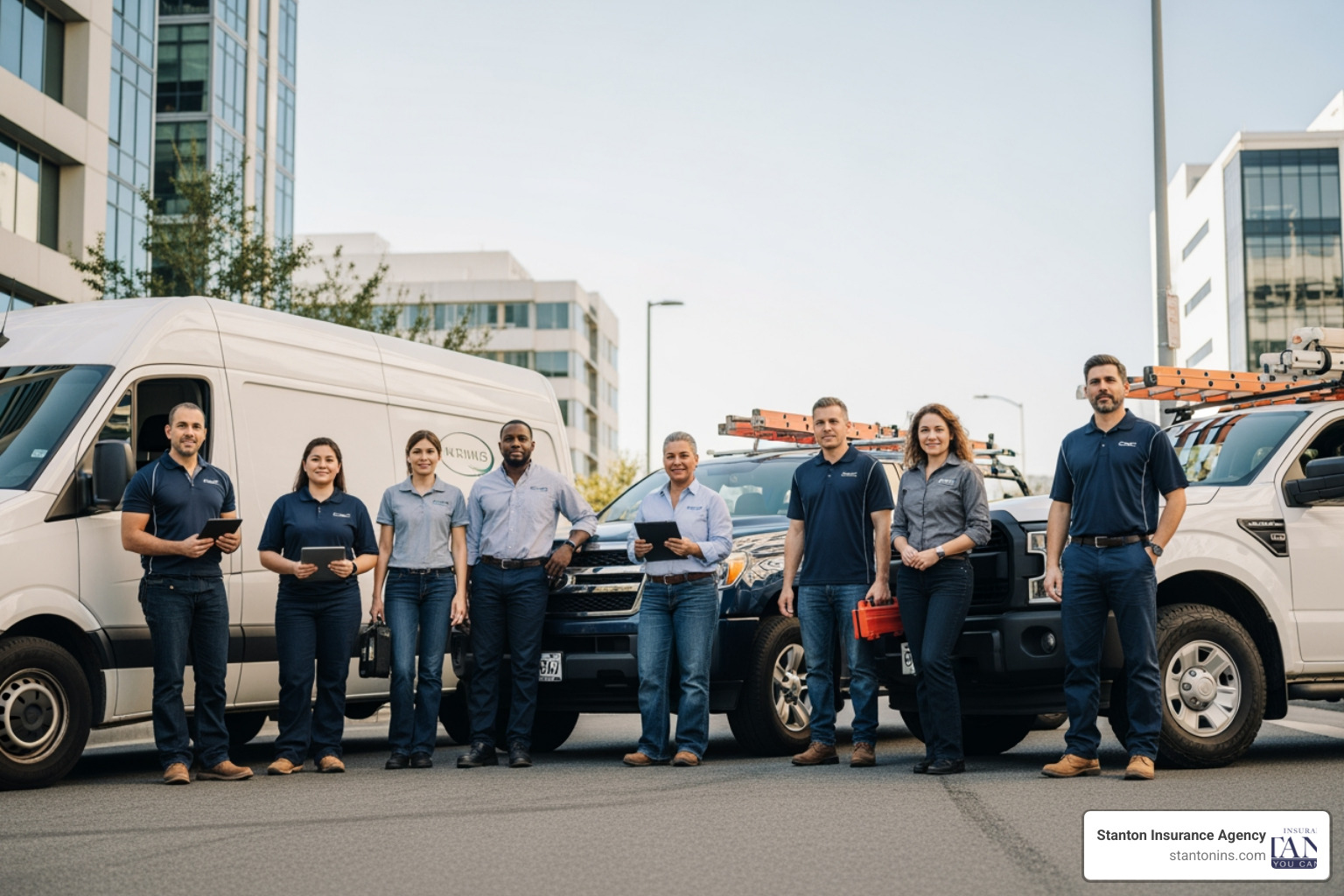 diverse group of professionals standing near work vehicles - commercial auto insurance nh diverse group of professionals standing near work vehicles - commercial auto insurance nh