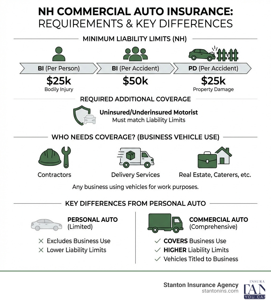 infographic showing commercial auto insurance requirements in New Hampshire including minimum liability limits of 25/50/25, required uninsured motorist coverage, types of businesses that need coverage like contractors and delivery services, and key differences from personal auto insurance such as higher liability limits and coverage for business use - commercial auto insurance nh infographic infographic showing commercial auto insurance requirements in New Hampshire including minimum liability limits of 25/50/25, required uninsured motorist coverage, types of businesses that need coverage like contractors and delivery services, and key differences from personal auto insurance such as higher liability limits and coverage for business use - commercial auto insurance nh infographic