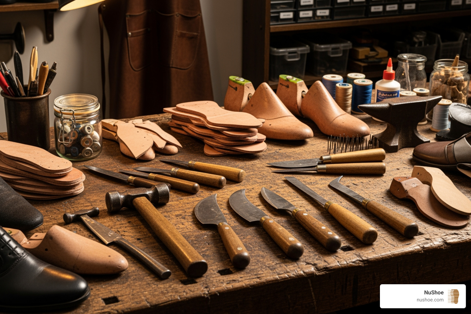 A cobbler's workbench with various tools, including hammers, knives, lasts, and different types of soles and heels, indicating a range of repair possibilities. - shoes repair nearby