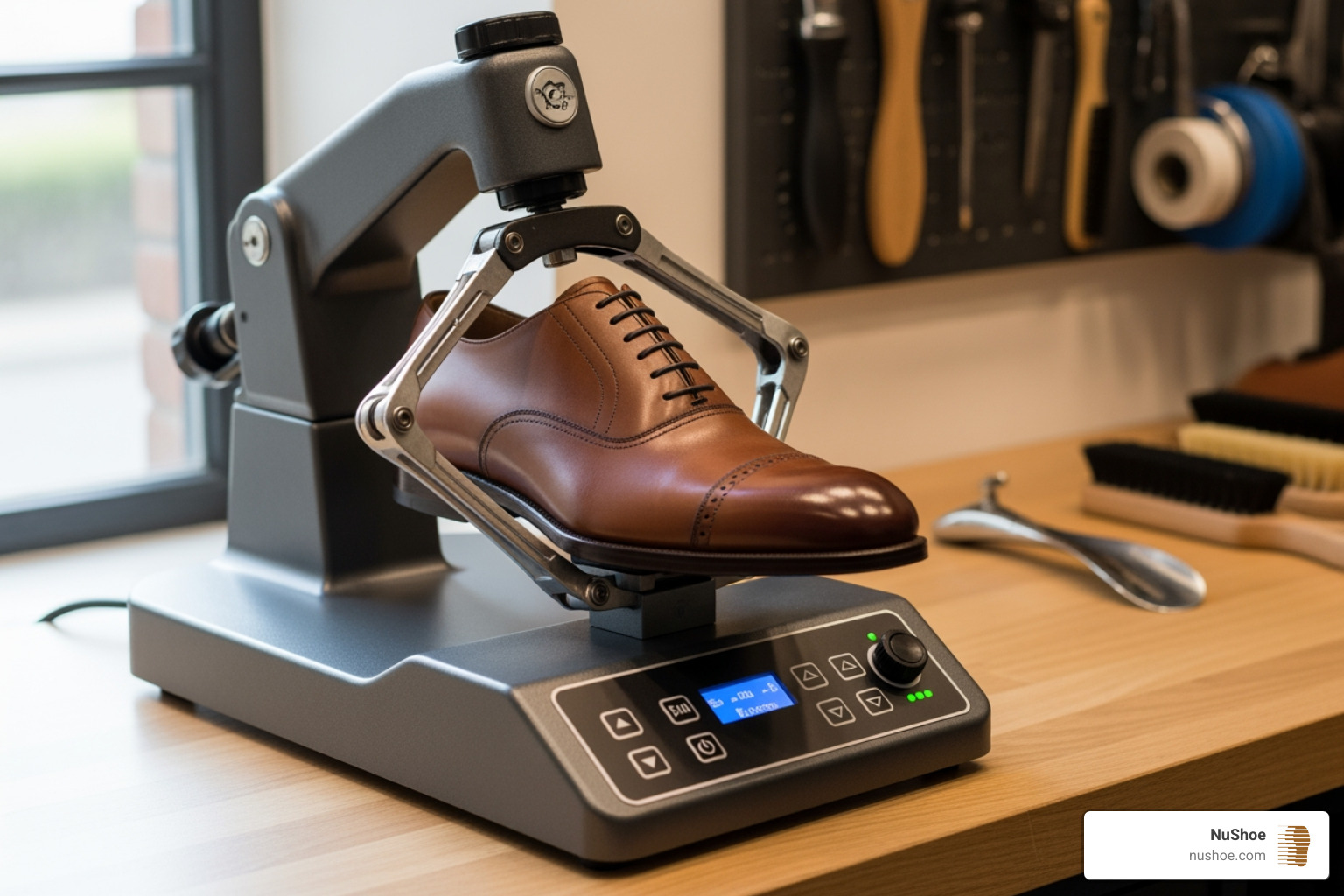 A shoe placed on a stretching machine, illustrating the process of expanding the shoe's width or length for a more comfortable fit. - shoes repair nearby
