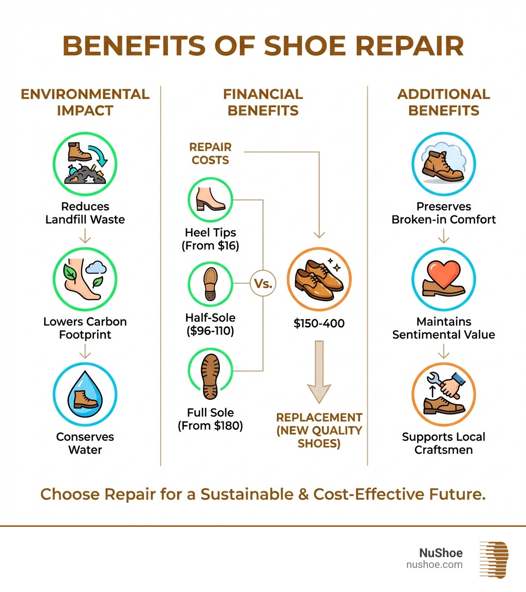 Infographic showing the benefits of shoe repair: Environmental impact includes reducing landfill waste, carbon footprint reduction, and water conservation. Financial benefits show repair costs versus replacement costs, with heel tips starting at $16, half-sole repairs at $96-110, and full sole restoration at $180 versus $150-400 for new quality shoes. Additional benefits include preserving broken-in comfort, maintaining sentimental value, and supporting local craftsmen. - shoes repair nearby infographic 