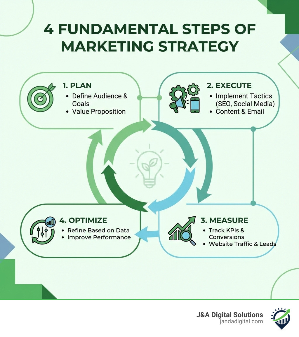 infographic showing 4 fundamental steps of marketing strategy: Plan (define audience and goals), Execute (implement tactics like SEO and social media), Measure (track KPIs and conversions), Optimize (refine based on data) - small business marketing infographic 
