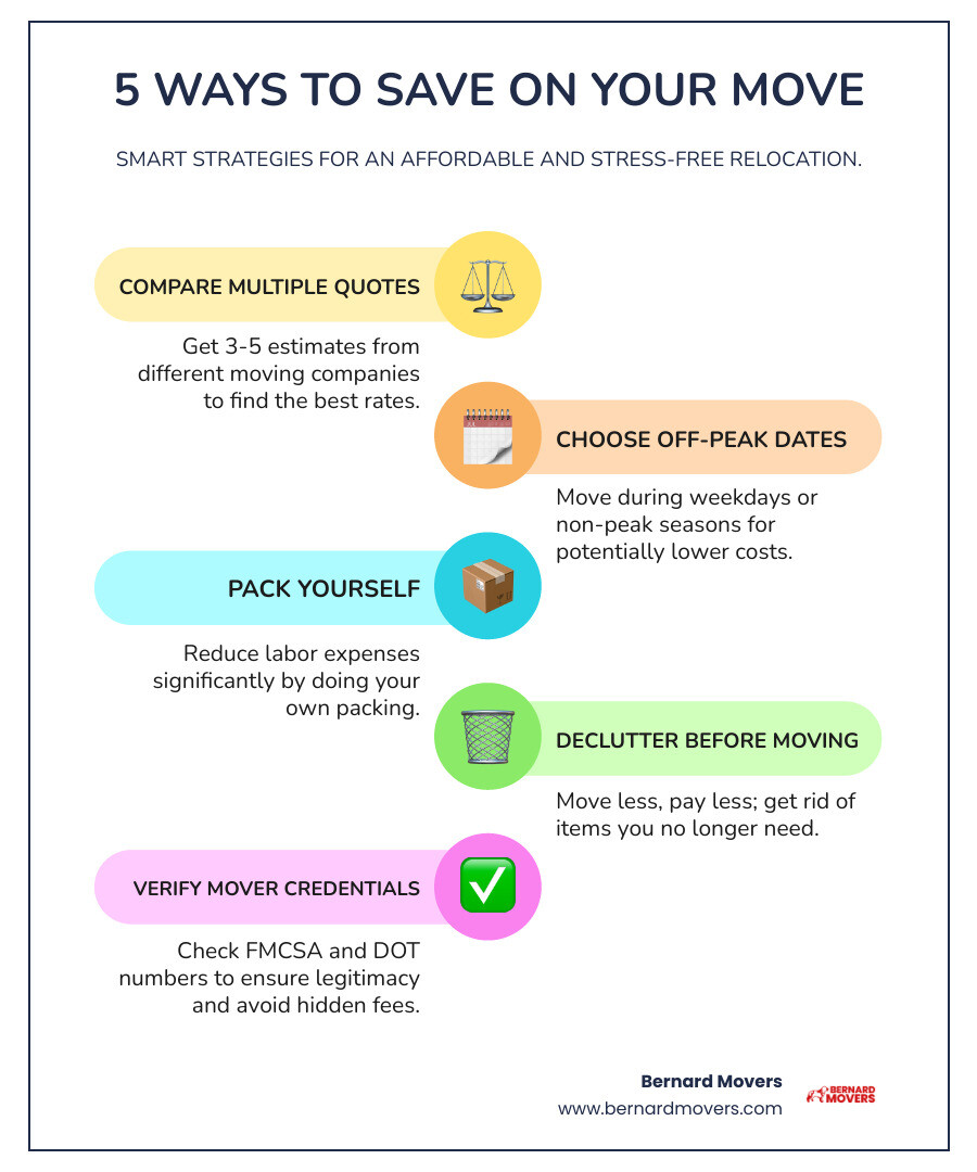 infographic showing 5 ways to save money on your move: compare quotes from multiple movers, choose off-peak moving dates, pack belongings yourself, declutter before moving, and verify mover credentials - moving companies affordable infographic infographic-line-5-steps-colors infographic showing 5 ways to save money on your move: compare quotes from multiple movers, choose off-peak moving dates, pack belongings yourself, declutter before moving, and verify mover credentials - moving companies affordable infographic infographic-line-5-steps-colors