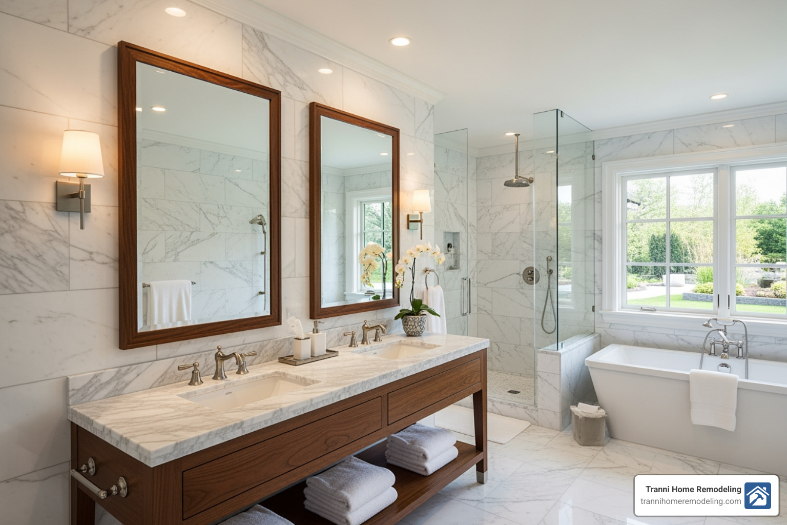 A bathroom featuring large-format marble tiles and a custom wood vanity - Designer bathroom renovations A bathroom featuring large-format marble tiles and a custom wood vanity - Designer bathroom renovations