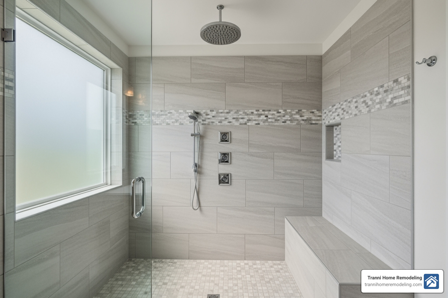 A spacious walk-in shower with a rain head, body jets, and a built-in bench - Designer bathroom renovations A spacious walk-in shower with a rain head, body jets, and a built-in bench - Designer bathroom renovations
